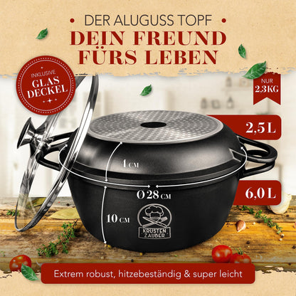 KRUSTENZAUBER 28cm Aluguss Bräter - Induktion mit Glasdeckel 6L