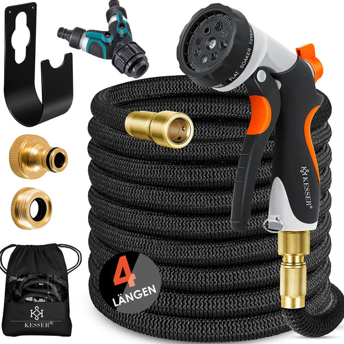 KESSER Flexibler Gartenschlauch 30 m mit 8 Modi Sprühpistole, schwarz, dehnbarer Flexischlauch aus Polyester