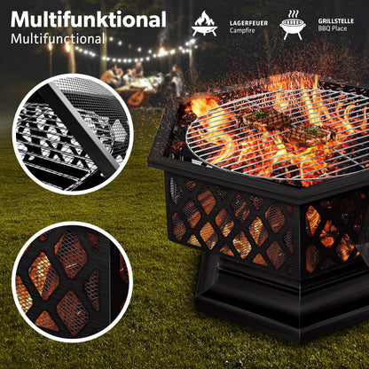 tillvex Feuerschale mit Funkenschutz 4-in-1 BBQ Grill Sechskant Schwarz