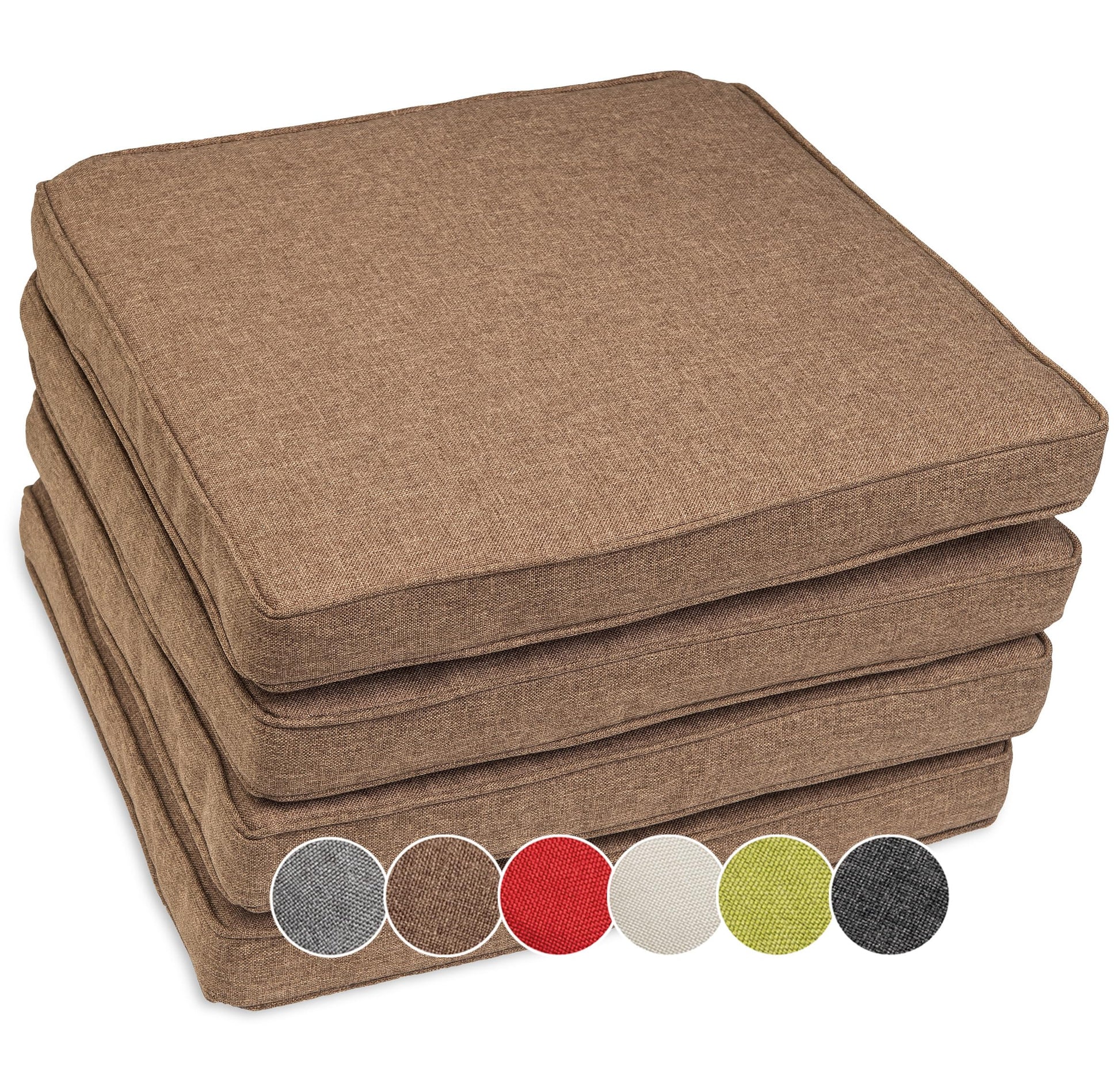 sunnypillow 4er Set Stuhlkissen, quadratisch, braun. Bietet wasserdichten, UV-festen Sitzkomfort für Outdoor-Stühle.
