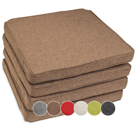 sunnypillow 4er Set Stuhlkissen, quadratisch, braun. Bietet wasserdichten, UV-festen Sitzkomfort für Outdoor-Stühle.
