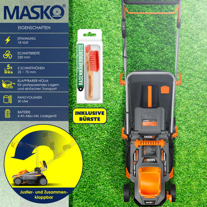 MASKO Akku Rasenmäher Mulch 33cm – inkl. 4Ah Akku Set