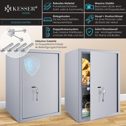 KESSER Safe Möbeltresor Doppelbartschloss – 50x35x31cm Silber
