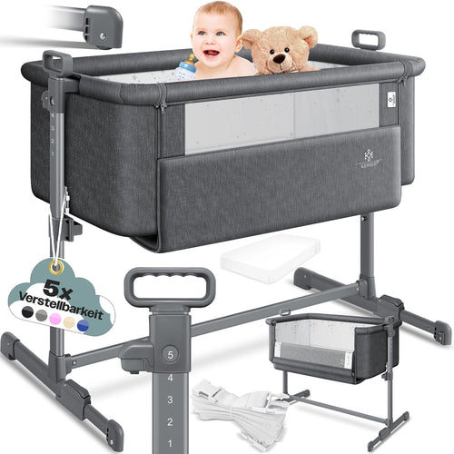 KESSER Hubi 3in1 Baby Beistellbett Reisebett – Dunkelgrau. Babybett mit Netzseiten. Sicherer Schlaf als Beistellbett am Elternbett oder mobil.