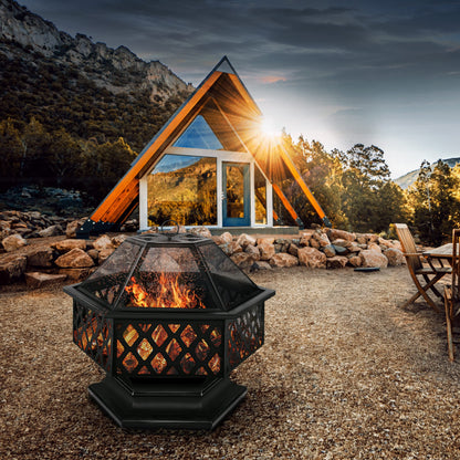 tillvex Feuerschale mit Funkenschutz 4-in-1 BBQ Grill Sechskant Schwarz