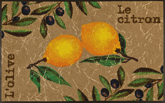 wash+dry Le Citron waschbare Fussmatte, rechteckig, gelb mit Zitronenmuster. Nimmt Schmutz auf für Eingangsbereiche innen und aussen.