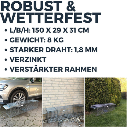 XXL Lebendfalle 150 cm für Fuchs, Waschbär, Marder – 2 Eingänge