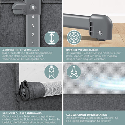 KESSER Hubi 3in1 Baby Beistellbett Reisebett – Dunkelgrau