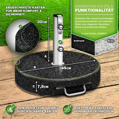 tillvex Granit Sonnenschirmständer mit Rollen, Edelstahlrohr, 27 kg