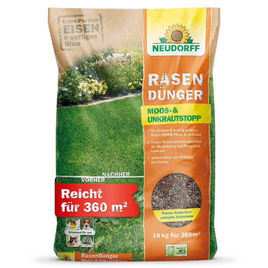 Neudorff RasenDünger Moos- & UnkrautStopp Rasendünger - 18 kg: Grünes Granulat zur Rasenpflege, bekämpft Moos und Unkraut.