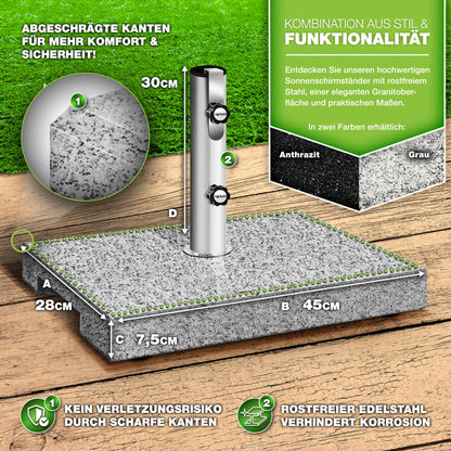 tillvex Granit Sonnenschirmständer Rechteckig 25 kg - Edelstahlrohr