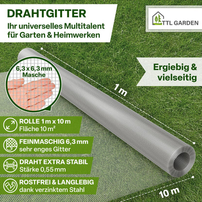 TTL GARDEN Drahtgitter feinmaschig verzinkt 6,3 mm Masche 10 x 1 m