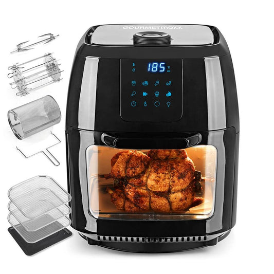 GOURMETmaxx XXL Heissluftfritteuse 9L - Digital. Schwarze, quaderförmige Heissluftfritteuse mit digitalem Display. Ermöglicht fettarmes Frittieren, Backen und Grillen durch Zirkulation heisser Luft.